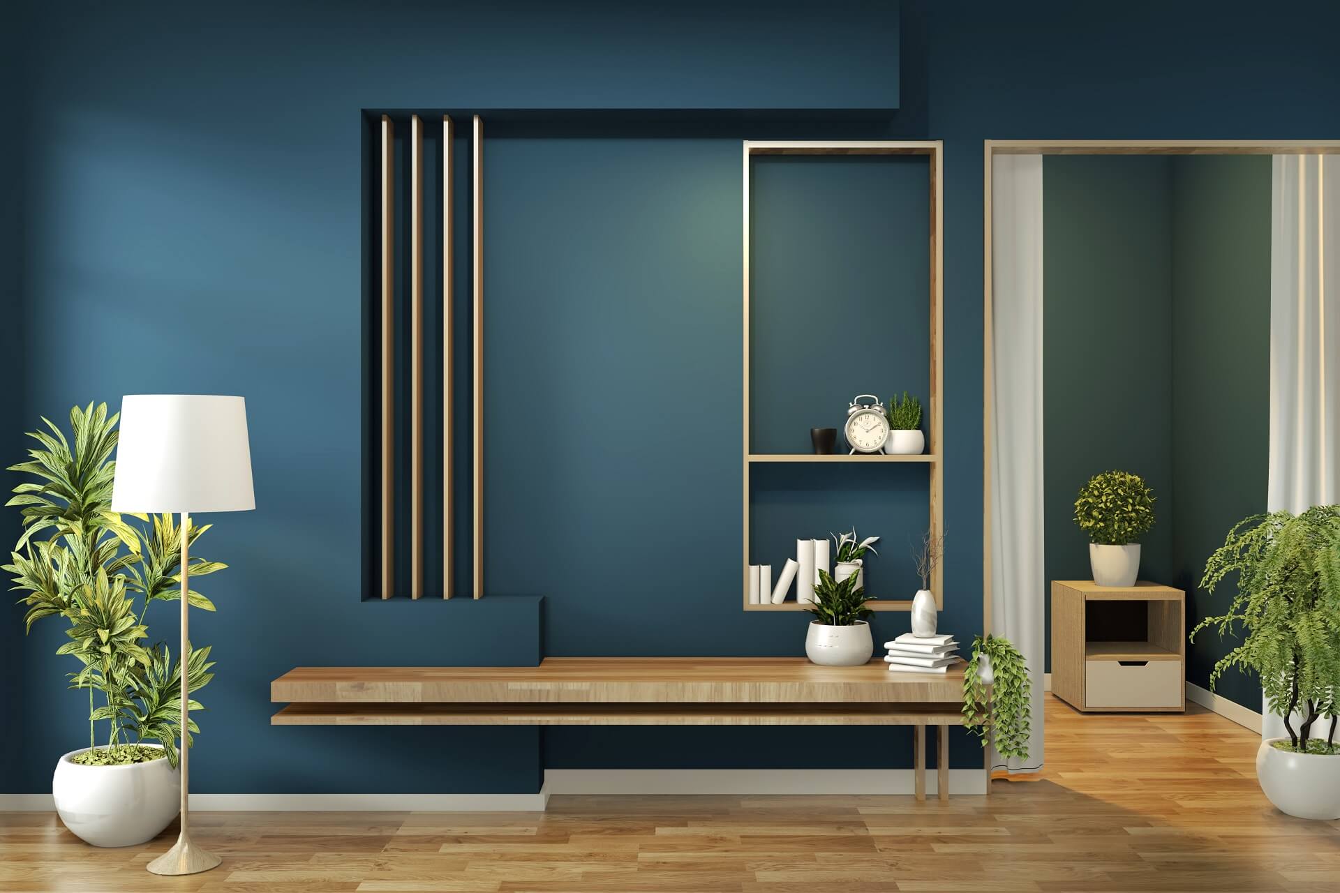 3D Rendering of a modern wooden cabinet against the navy blue wall.